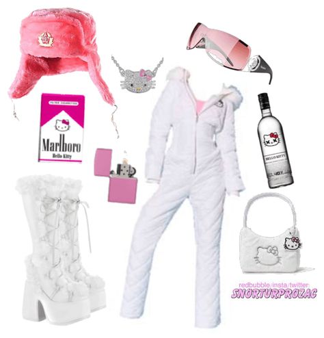 Hello Kitty Winter Clothes, 2000s Snow Outfit, Winter Outfits Y2k Snow, Hello Kitty Theme Outfit, Cute Snow Suit, Hello Kitty Baddie Outfits, Hsmtmts Jet, Y2k Snow Outfits, Y2k Cold Weather Outfits