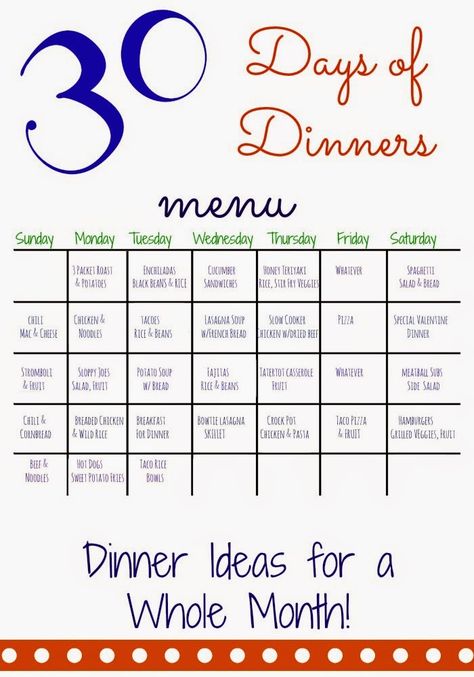 30 Days of Dinners: Another Month of Meal Planning Ina Garten, Meals For A Month Menu Planning, Saturday Dinner Ideas, Printable Meal Planner Monthly, Family Meal Planning Healthy, Menu Calendar, Menu Sans Gluten, Meal Calendar, Meal Schedule