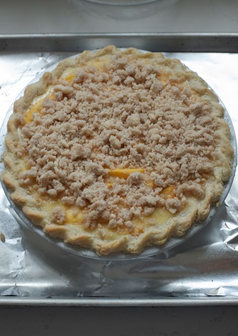 Peach Custard Pie with Streusel Topping | Beyond Kimchee Fresh Peach Custard Pie Recipes, Custard Peach Pie Recipe, Peach Custard Pie Recipes, Peach Custard Pie, Peach Cobbler Crisp, Peach Custard Pies, Peach Custard, Peach Crumble Pie, Fresh Peach Pie