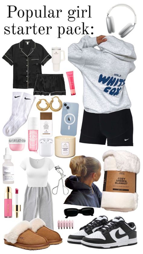 Popular girl starter pack🤍🫶🏻🎧 Popular Girl Starter Pack, 8th Grade Outfits, White Girl Outfits, Most Popular Shoes, Trendy Girls Outfits, Teen Trends, Casual Preppy Outfits, Outfit Inspo Casual, Trendy Outfits For Teens