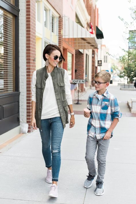 Kilee Nickels - 2 Ankle Jeans Outfit, Kilee Nickels, Vest Jeans, Olive Vest, Cargo Vest, White Long Sleeve Tee, Jeans Brown, Boys Style, When I Go