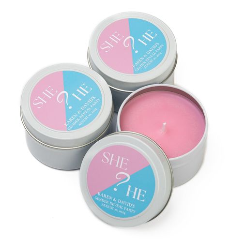 She or He Candles - Customized Gender Party Candle Favors for Guests - Boy or Girl Candles - Gender Reveal Party Candles - 4 oz. - Set of 6 by TwinFlamesHandMade on Etsy Boy Candle, Gender Party, Clean Fragrance, Candle Party, Candle Favors, Custom Candles, Reveal Party, Metal Tins, Reveal Parties