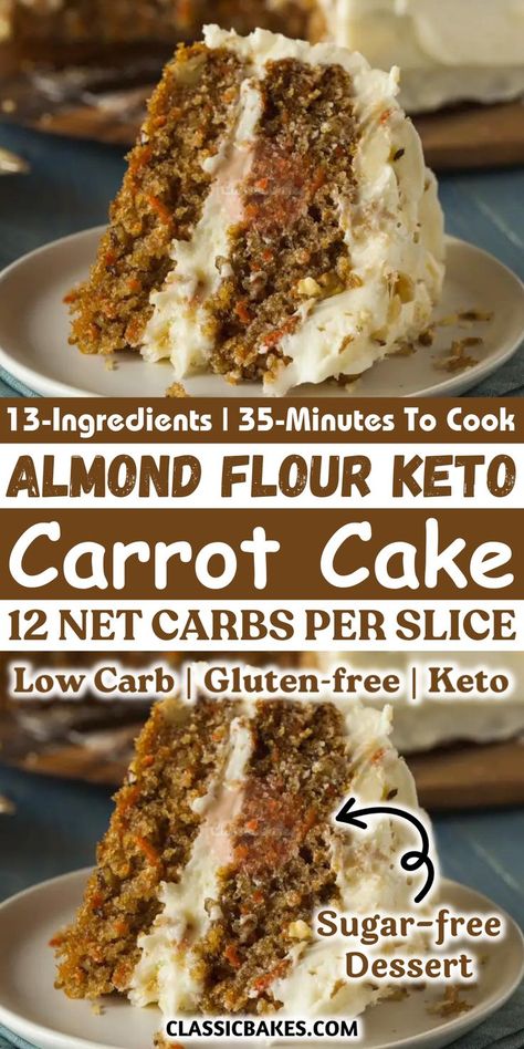 Carrot cake, a classic dessert, has been transformed into a keto-friendly version with a low carb count of 12 net carbs per slice. The cake is moist and delicious, showcasing that keto treats can be just as tasty as traditional ones. Keto Carrot Cake Recipe, Keto Carrot Cake, Low Carb Carrot Cake, Sugar Carrots, Almond Flour Cakes, Keto Treats, Protein Cake, Carbohydrates Food, Keto Cake