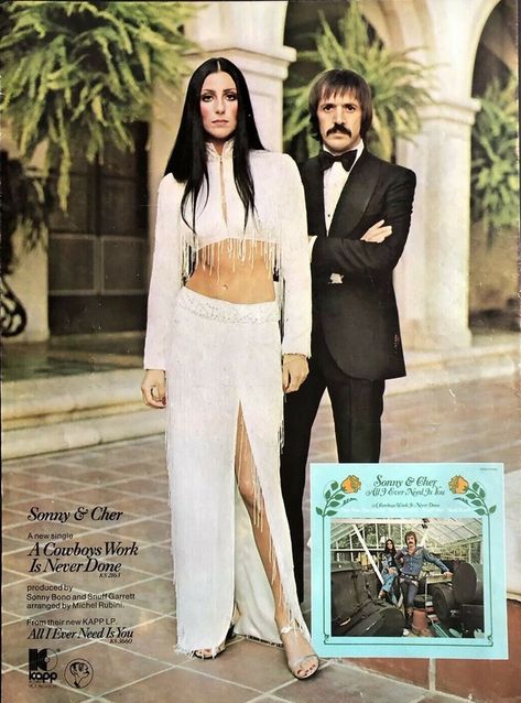 Sonny & Cher advertisement for "A Cowboy's Work is Never Done" album Cher 1960s, Sonny And Cher, Cher And Sonny, Sonny Cher, Cher Outfits, Cher Bono, 70s Inspired Fashion, Cover Notebook, Vogue Covers