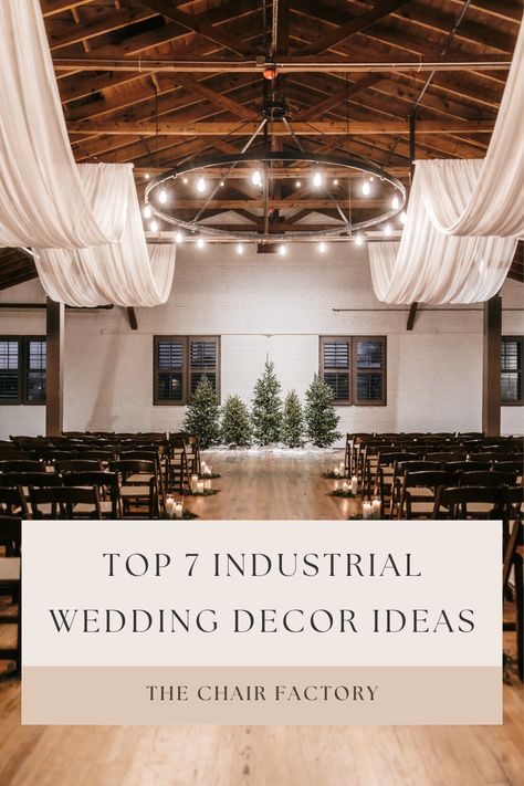 Modern Industrial Party Decor, Industrial Loft Wedding Decor, Urban Industrial Wedding Decor, Industrial Space Wedding, Industrial Theme Wedding, Warehouse Wedding Venue Ideas, Brick Wedding Venue Decor Industrial Chic, Warehouse Decor Ideas, Industrial Wedding Decor Centerpieces