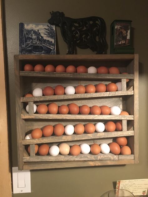 Egg Sorter Diy, Fresh Egg Storage Ideas, Egg Organizer Diy, Egg Skelter Diy, Chicken Egg Storage, Wall Mounted Egg Holder, Chicken Egg Holder Diy, Egg Display Ideas, Egg Storage Countertop