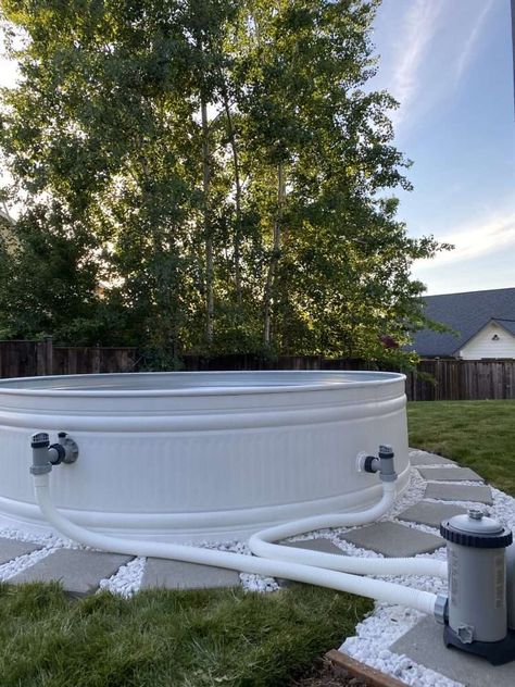 Stock Tank Pool DIY Tutorial - The Sommer Home Diy Galvanized Pool, Round Stock Tank Pool, Poly Stock Tank Pool, Galvanized Pool, Stock Tank Pool Filter, Pool On A Budget, Stock Tank Hot Tub, Galvanized Stock Tank, Above Ground Pool Pumps