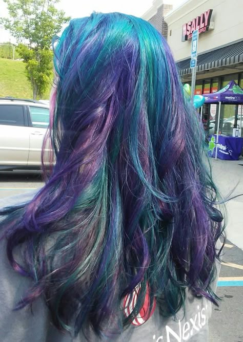 Blue Hair With Purple Streaks, Purple And Turquoise Peekaboo Hair, Purple Green And Blue Hair, Turquoise And Blue Hair, Purple Green Blue Hair, Purple Teal Hair, Turquoise And Purple Hair, Purple And Teal Aesthetic, Purple And Teal