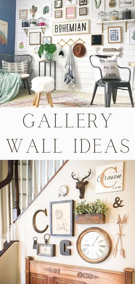 The great thing about a gallery wall collage is that there isn't a real order to where the pieces are hung. No need for a perfect line, layout or spaced a certain number of inches apart and what's not to love about the freedom in that. Check out loads of ideas and tips from farmhouse rustic style to eclectic to boho. DIY for the living room, bedroom, foyer, hall, staircase, kitchen, dorm, nursery and more. Above couch, inspiration too. Life on Summerhill. Gallery wall ideas Hanging Pictures On The Wall, Rustic Gallery Wall, Farmhouse Gallery Wall, Gallery Wall Ideas, Kitchen Gallery Wall, Boho Gallery Wall, Diy Gallery Wall, Gallery Wall Layout, Eclectic Gallery Wall