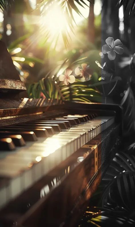 Full Color Image in ai-img-gen.com 🔸 piano keys zoom, green flowers palms trees in the background, cinematic, dark, wallpaper, ultradetai... 🔸 From Midjourney AI Image Piano Art Wallpaper, Piano Wallpaper Iphone, Piano Sunset, Piano Images, Piano Background, Piano Wallpaper, Musical Wallpaper, Vintage Piano, Piano Art