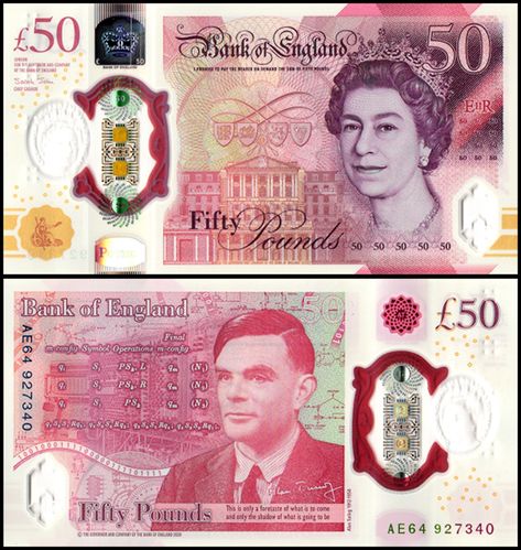 Great Britain 50 Pounds, 2020. This is one of the last banknotes featuring Queen Elizabeth II. It's made out of polymer and colored in red, white and with a few hints of gold. The obverse side of the banknote features a portrait of a young Queen Elizabeth II. On the reverse side is a portrait of scientist, Alan Turing. Available at www.banknoteworld.com SKU: GRBR397U #QueenElizabethII #AlanTuring #Banknote #UK #Britain #KingCharles #Europe World Currencies, Young Queen Elizabeth Ii, Young Queen Elizabeth, Banknote Collection, Royal Bank, Alan Turing, Money Notes, Bank Of England, Money Design