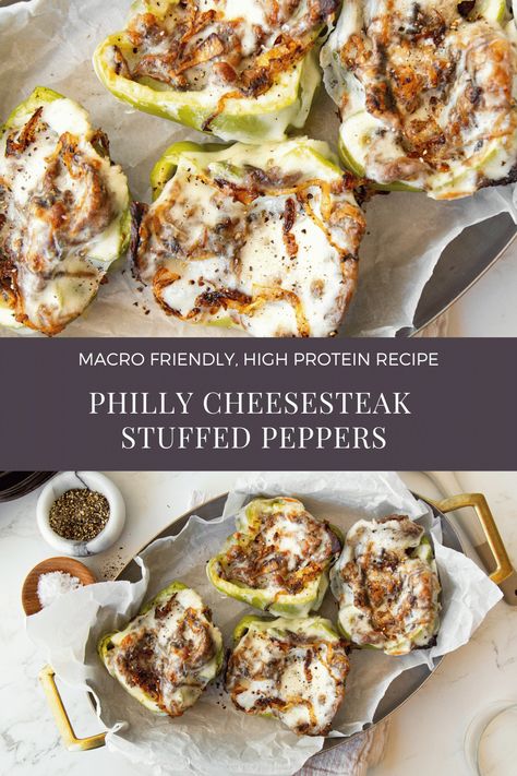 Low Cal Philly Cheesesteak, High Protein Philly Cheesesteak, Low Calorie Philly Cheese Steak Bowl, Healthy Cheesesteak Bowl, Philly Chicken Stuffed Peppers, High Protein Philly Cheesesteak Bowl, Stuffed Peppers Cheesesteak, Philly Cheesesteak Bell Peppers, Steak And Cheese Stuffed Peppers