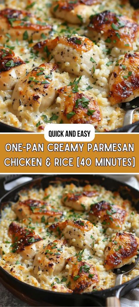 One-Pan Creamy Parmesan Chicken & Rice Cream Of Chicken Rice, Parmesan Chicken Rice, Parmesan Chicken And Rice, Creamy Parmesan Chicken, Flavorful Rice, Chicken And Rice Dishes, Chicken Rice Recipes, Creamy Chicken And Rice, Easy Chicken And Rice