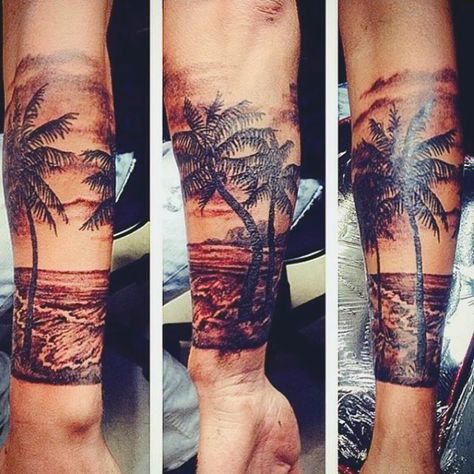 Beach And Ocean Inspired Tattoos On Men Tree Sleeve Tattoo, Tree Tattoo Arm, Tree Tattoo Men, Surf Tattoo, Peaceful Beach, Ocean Tattoos, Tree Tattoo Designs, Cool Forearm Tattoos, Tattoo People