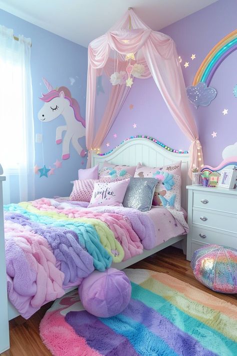 Girls Bedroom Ideas Unicorn, Kids Unicorn Room, Girls Unicorn Bedroom Ideas, Small Girls Bedroom Ideas, Kids Room Design Small Space, Cute Small Bedroom Ideas, Toddler Girl Room Themes, Toddler Girl Bedroom Themes, Belles Bedroom