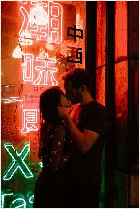 Chinatown neon engagement session - Yellow Bird Visuals Neon Photoshoot Couple, Neon Couple Photography, City Lights Prewedding, Night Time Couples Photoshoot City, Neon Engagement Photos, Chinatown Couple Photoshoot, Neon Couple Aesthetic, Chinatown Engagement Photos, Arcade Engagement Photos