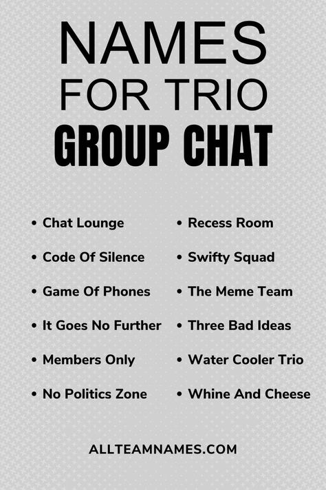 names for trio group chat list Trio Personalities, Group Names For Trio, Girl Gc Names Ideas, Friends Name Ideas, Three Friends Group Name, 3 Person Group Chat Names, Life360 Group Names, Trio Group Chat Names, Trio Gc Names