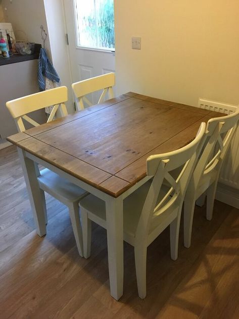 Pine Table And Chairs, Dining Table Makeover, Staining Furniture, White Chairs, Farmhouse Style Table, Diy Dining Table, Knotty Pine, Pine Table, Table Makeover