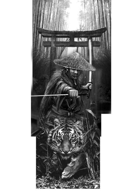 Ronin Tattoo Design, Ronin Tattoo, Japanese Temple Tattoo, Ninja Tattoo, Samurai Tattoo Sleeve, Geometric Tattoo Sleeve Designs, Samurai Warrior Tattoo, Guerriero Samurai, Japanese Tiger Tattoo