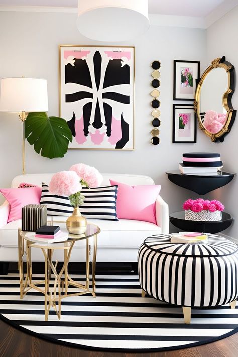 Transform your space with Kate Spade-inspired glam! ✨ Elevate every corner with playful patterns and chic vibes. 💕 Discover the art of sophisticated living – because your home deserves that stylish touch! 🏡 Explore the magic of Kate Spade-inspired interior design today. 🛋️✨ #KateSpadeStyle #InteriorDesign #HomeInspiration Bohemian House Decor, Black Living Room Decor, Interior Design Contemporary, Elegant Living Room Decor, Kate Spade Inspired, Interior Living Room, Pink Living Room, Living Room Design Inspiration, Colourful Living Room