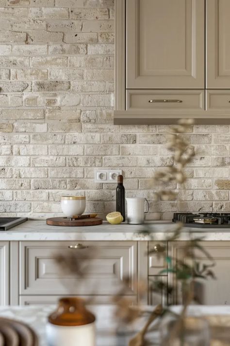 Kitchen With Texture, Textured Stone Backsplash Kitchen, Kitchen Stone Tile Floor, Neutral Stone Backsplash, Modern Kitchen With Brick Backsplash, Light Kitchen Backsplash, Painted Brick Backsplash Kitchen, Plaster Backsplash Kitchen, Stacked Stone Backsplash Kitchen