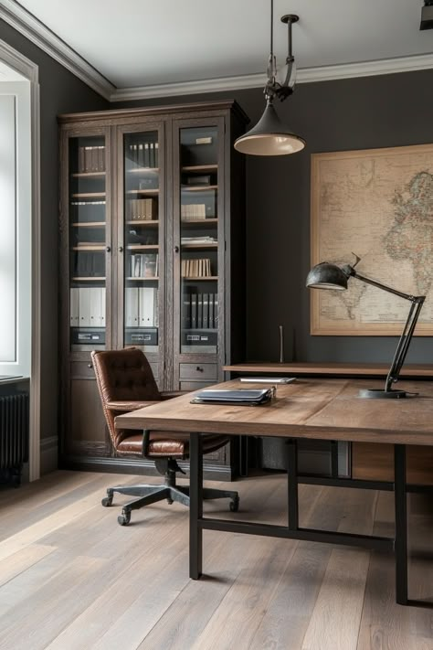 15 Tips for Transforming Your Office Décor – Everyday Inspo Craftsman Office Ideas, Industrial Style Office Design, Man's Office Decor Ideas, Mans Office Space, Masculine Modern Office, Home Office For Men Rustic, Small Home Office For Men, Garage Office Conversion, Men's Home Office