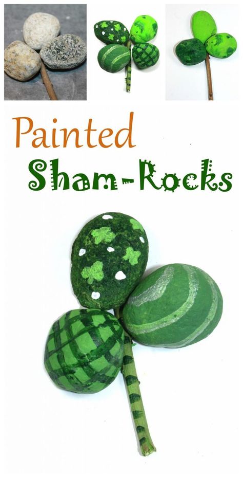 Painted rock shamrocks or four leaf clovers for St. Patrick's Day. Nature arts and kids for kids. Shamrock Crafts For Kids, Shamrock Crafts, Clover Craft, Unicorn Crafts For Kids, Thumbprint Crafts, Shamrock Template, Leprechaun Craft, Shamrock Craft, Ideas For Painting