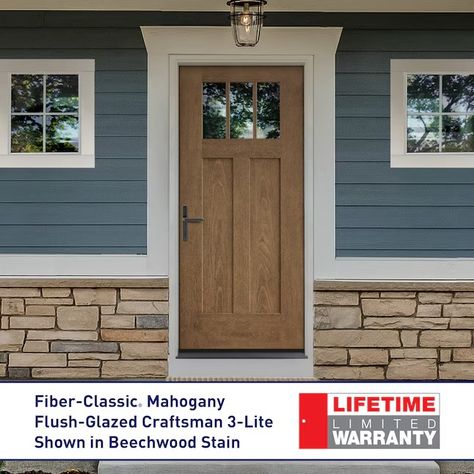 Therma-Tru 64-in x 80-in x 4-9/16-in Fiberglass Craftsman Left-Hand Inswing Beechwood Stained Prehung Front Door with Sidelights with Brickmould Insulating Core in the Front Doors department at Lowes.com Craftsman Front Door, Front Door With Sidelights, Door With Sidelights, Prehung Exterior Door, Craftsman Style Doors, Therma Tru, Glazed Glass, Exterior Front Doors, Fiberglass Door