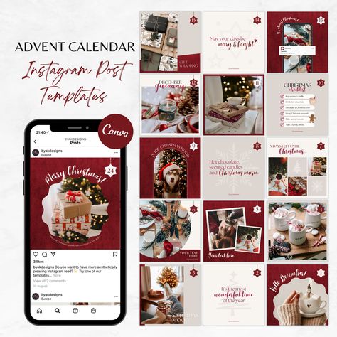 Make your holiday marketing easy and create a magical Instagram Christmas feed with this advent calendar post template!  What's included? - 24 Instagram Post templates in 1080px x 1080px (fully editable on Canva). Find the link to the template in the PDF file. How does it work? - Add the templates to your cart for purchase. Once payment is received you will receive a PDF with instructions and a link to your templates. They are completely customizable meaning you can edit the text, colors, images Christmas Instagram Feed Design, Winter Templates Instagram, Christmas Instagram Post Design, Christmas Posts Ideas, Christmas Calendar Design, Advent Calendar Social Media, Christmas Instagram Templates, Christmas Instagram Post Ideas, Instagram Advent Calendar