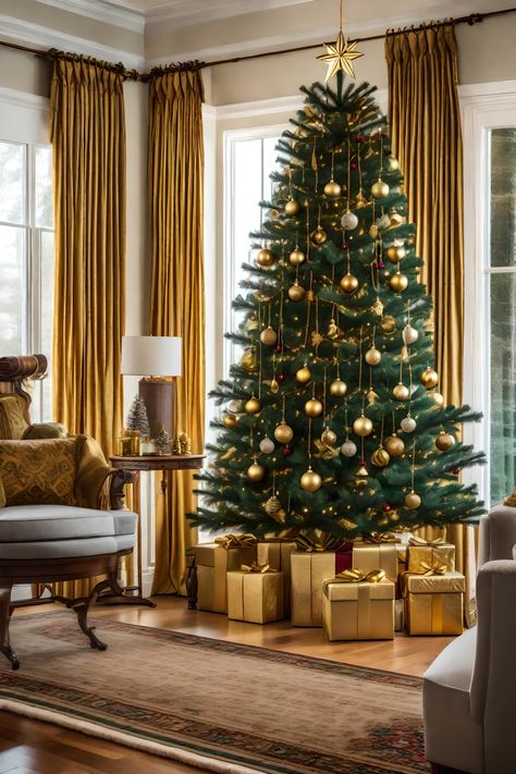 Gold Christmas tree decorations. All gold Christmas tree. Gold Christmas gifts. Gold Christmas gift wrap. Gold Christmas decorations Golden Christmas Tree Decorating Ideas, Classy Christmas Tree, Golden Christmas Tree, Christmas Tree Gold, Yellow Christmas, Gold Christmas Tree Decorations, Golden Decor, Tree Inspiration, Golden Christmas