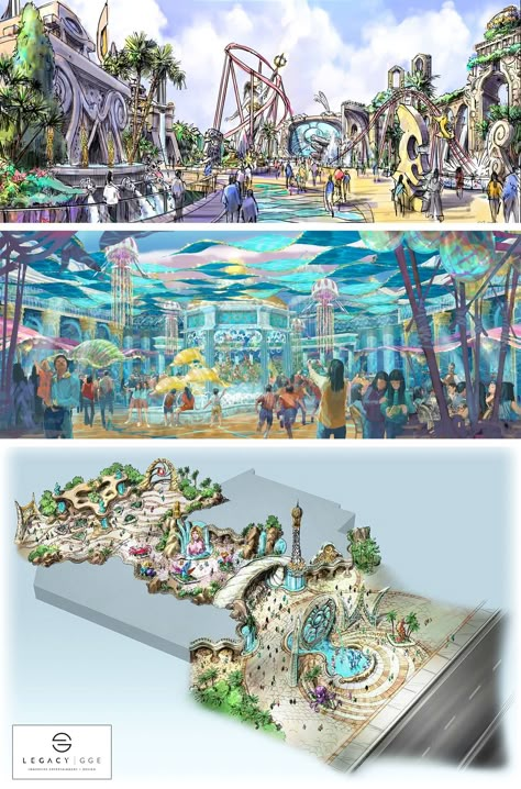 This is a more in depth concept as to how a sea will stretch out within the park Theme Park Concept Design, Theme Park Ideas Inspiration, Theme Park Design Architecture, Water Park Design, Coaster Inspiration, Theme Park Tycoon, Theme Park Planning, Theme Park Concept Art, Park Concept Art