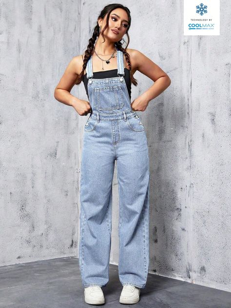 Light Wash Casual Collar Sleeveless Denim Plain Overall Embellished Non-Stretch  Women Clothing Overall Styles For Women, Overalls Outfit Denim, Overalls Outfits Aesthetic, Outfits With Overalls, Photoshoot Fits, Overall Shorts Outfit, Cute Overall Outfits, Womens Street Style, Camp Outfits