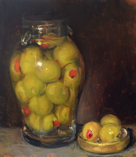 Duane Keiser, Glass Still Life, Stuffed Olives, Vegetable Painting, Olive Jar, Fruit Still Life, Painting A Day, Jar Art, Art Fruit