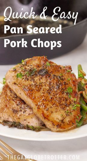 These perfect pan seared pork chops are an easy pork dinner recipe that is so flavorful! Boneless or bone in pork chops are smothered in butter, garlic, and olive oil to create a juicy sauce, then seared in a cast iron skillet. This simple recipe can be elevated with other ingredients like balsamic, honey, apples or mushrooms, but it's such a classic and delicious way to enjoy juicy pork cuts! #gayglobetrotter #pork #porkchop #porkchops #recipe #seared #pansearedporkchops Easy Dinner Recipes Pork, Pan Seared Pork Chops, Bone In Pork Chops, Pan Fried Pork Chops, Boneless Pork Chop Recipes, Homemade Seasoning, Garlic And Olive Oil, Cooking Pork Chops, Seared Pork Chops