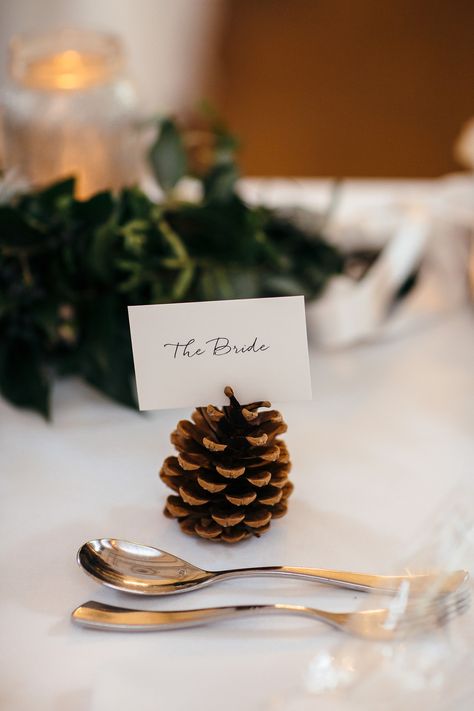 Pinecone Name Holder Wedding, Pine Cone Name Places, Pine Cone Table Names, Pine Cone Wedding Table Decorations, Pine Cone Place Setting, Pinecone Table Numbers, Place Name Ideas Christmas, Pine Cone Table Numbers, Pinecone Name Holder