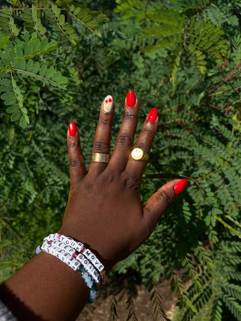 Red nails with a tan nail with a cherry accent Red Nail Designs, Bright Nails, Ring Finger, Nail Designs Summer, Red Nails, Nails Inspiration, Cool Designs, Nail Designs, Nails