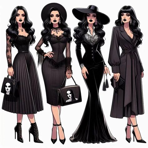 Morticia Addams wardrobe capsule Morticia Addams Inspired Outfits, Morticia Addams Outfit Inspiration, Classy Goth, Friends Film, Feminine Era, Dark Outfit, Film Ideas, Corporate Goth, Fashion Anime