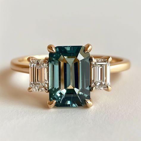 Emerald Cut Teal Sapphire Ethical Engagement Ring Three Stone – Valley Rose Two Stone Engagement Ring Unique, Three Stone Emerald Cut Ring, Blue Green Sapphire Ring, Emerald Engagement Ring Green, Gemstone Setting, Gothic Engagement Ring, Dream Rings, Ethical Engagement Ring, Green Sapphire Engagement