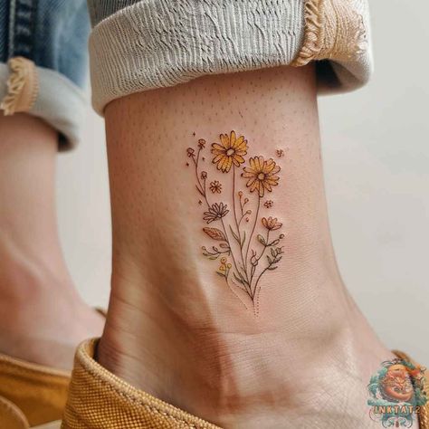 Matching Wildflower Tattoos, Small Buttercup Flower Tattoo, Infinity Sunflower Tattoo, Book And Sunflower Tattoo, Black And Color Flower Tattoo, Wildflower Semicolon Tattoo, Woman’s Sleeve Tats, Honey In The Rock Tattoo, Small Plant Tattoos For Women