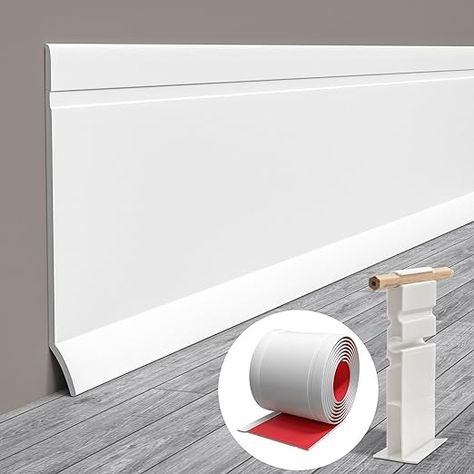 Pluden Flexible Baseboard Molding Trim, 4 Inch(W) x 20 Feet(L) Self Adhesive Vinyl Wall Base Cove Base, Peel and Stick Rubber Wall Moulding Trim Comes with a Scriber… - Amazon.com Vinyl Baseboard Trim, Renter Friendly Baseboards, Pvc Baseboard Trim, Walls Without Baseboards, Wall Baseboard Ideas, Base Board Trim, Cove Moulding, Rubber Molding, Flexible Molding