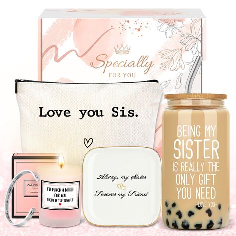 PRICES MAY VARY. Sister Birthday Gifts From Sisters: Having a headche about choosing a gift to your sister? Try this unforgettable cute gift set for her! Our gift set is a fantastic idea that will make her burst into laughter. Your sisters will definitely feel spoiled! Make a Lasting Impression on Your Sisters At First Glance: Our sister gift package includes 6 items, each with funny texts, perfect for your best sisters — 1 x 12oz coffee mug, 1 x soy wax flower-scented candle, 1 x makeup bag, 1 Sister Care Package Ideas, Sister Birthday Basket Ideas, Birthday Gift For Sister Ideas Unique, Birthday Gifts For Little Sister, Cute Birthday Gifts For Sister, Sisters Christmas Gifts, Sister Gifts Birthday, Special Sister Gifts, Cool Birthday Gifts