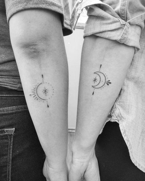 24 Sun and Moon Tattoo for Sky Lovers in 2021 - Page 3 of 5 - Small Tattoos & Ideas |   unique couple tattoos Couple Tattoo Connected, Tattoo Moon And Sun Couple, Tattoos For Moon Lovers, Celestial Couple Tattoo, Couple Tattoo Ideas Aesthetic, His And Her Sun And Moon Tattoo, Sun And Moon Pair Tattoo, Sky And Moon Tattoo, Sun And Moon Matching Tattoos Couple