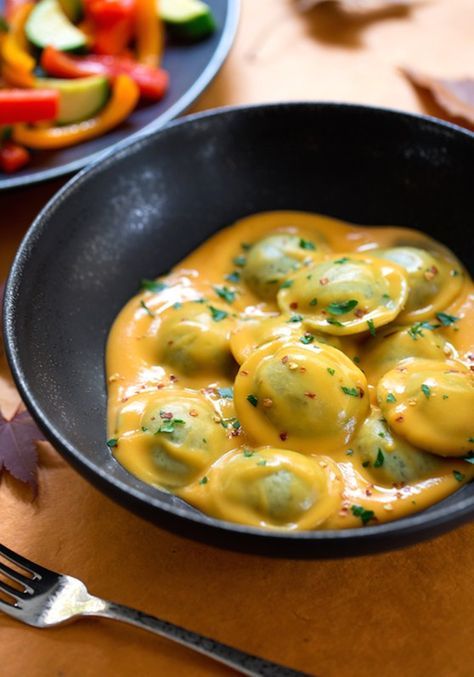 Use to build a sweet potato sauce to put on my eggs for breakfast. - no ravioli or the other no no stuff Sweet Potato Ravioli, Potato Ravioli, Sweet Potato Sauce, Potato Sauce, Vegan Ravioli, Pudding Chia, Vegan Holiday Recipes, Sauce Pasta, Vegan Pasta