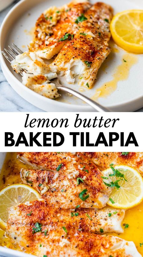 Enjoy this 20-minute Lemon Butter Baked Tilapia for weeknight dinners or meal prep! Lightly seasoned and dressed in a luxurious lemon butter sauce, every tender and flaky bite of fish is perfectly lemony, garlicky, and melt-in-your-mouth delicious. Tilapia Recipes Healthy, Tilapia Recipes Easy, Baked Tilapia Recipes, Tilapia Recipe, Baked Tilapia, Fish Dinner Recipes, Tilapia Recipes, Lemon Butter Sauce, Fish Recipes Healthy