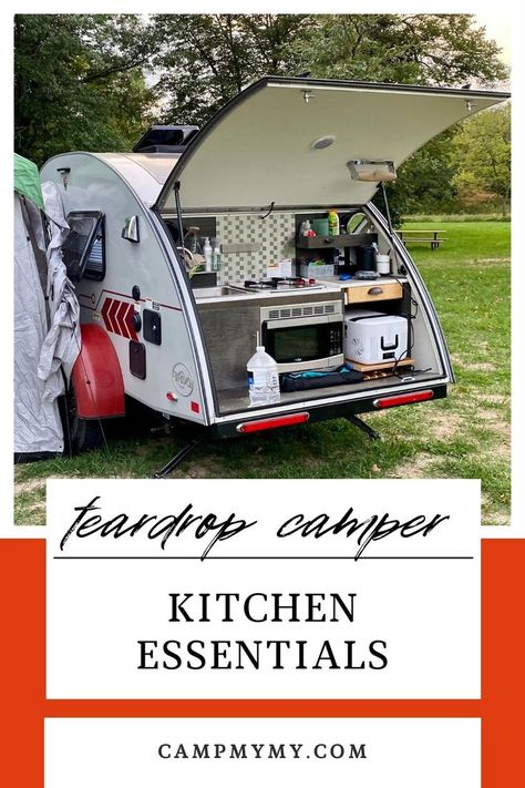 Teardrop Camper Kitchen, Teardrop Trailer Interior, Teardrop Trailer Camping, Teardrop Camper Interior, Diy Teardrop Trailer, Teardrop Camper Plans, Small Camping Trailer, Teardrop Camping, Farmhouse Contemporary