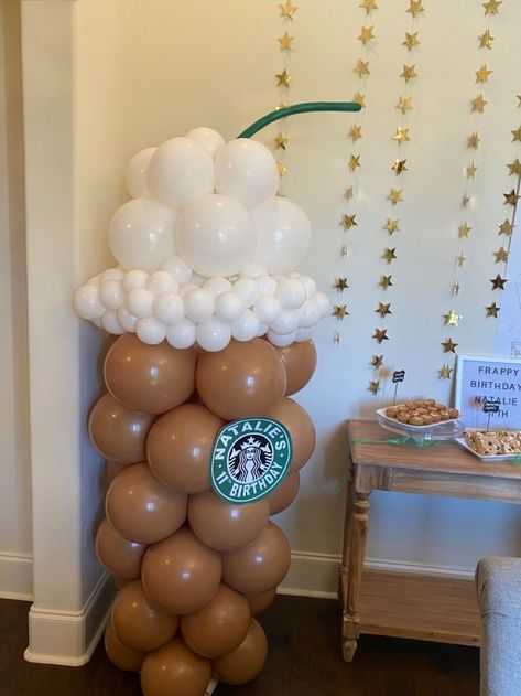 Coffee Birthday Party Decorations, Coffee Bar Birthday Party Ideas, Frappe Birthday Party Ideas, Starbucks Theme Birthday Party, Starbucks Birthday Party Ideas Diy, Starbucks Birthday Theme, Target And Starbucks Birthday Party, Coffee Birthday Theme, Starbucks Balloons