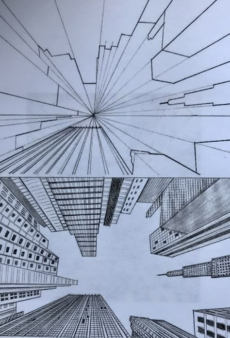 Perspective Drawing Cityscapes, City From Above Drawing Perspective, First Perspective Drawing, Perspective Line Drawing, How To Draw An Illusion, Contour Line Drawing Lesson, 1point Perspective Drawing, Building Perspective Drawing, Perspective Drawing Buildings