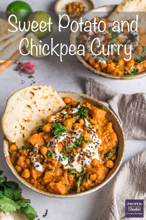 Sweet potato, chickpea & spinach vegetarian curry. A deliciously warming curry with plenty of healthy veg and aromatic spicy flavours | Properfoodie.com Potato Chickpea Curry, Sweet Potato Chickpea Curry, Chickpea And Potato Curry, Healthy Curry Recipe, Chickpea Spinach, Veggie Curry, Vegetable Curry Recipes, Potato Chickpea, Chickpea And Spinach Curry