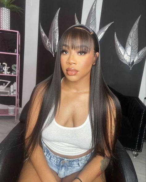 Wigs With Bangs Hairstyles, Straight Bang Wigs, Install With Bangs, Bangs Wig Install, Bangs With A Side Part Wig, Side Part Fringe Long Hair, Wig With Chinese Bangs For Black Women, Jt Bangs Side Part, Side Bangs Hairstyles Black Women