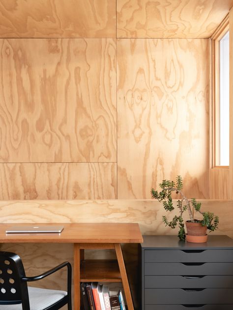 Photo 7 of 16 in A Plywood Box Turns a 20th-Century Duplex Into a Multigenerational Home - Dwell Osb Plywood, Plywood Desk, Plywood Interior, Plywood Floor, Contemporary Living Room Design, Plywood Walls, Bungalow Renovation, Plywood Boxes, Plywood Flooring